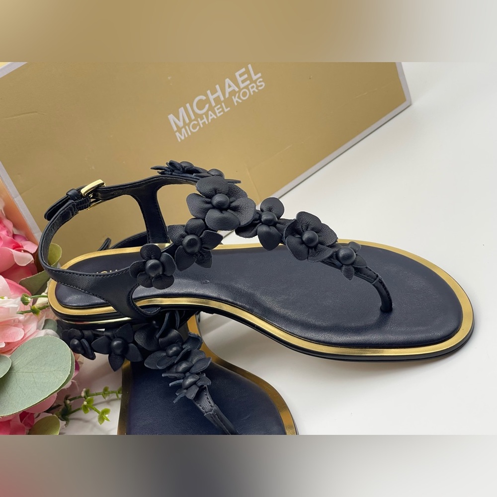 Michael Kors Thong Admiral Blue Leather Sandal Floral Accents - Picture 4 of 16